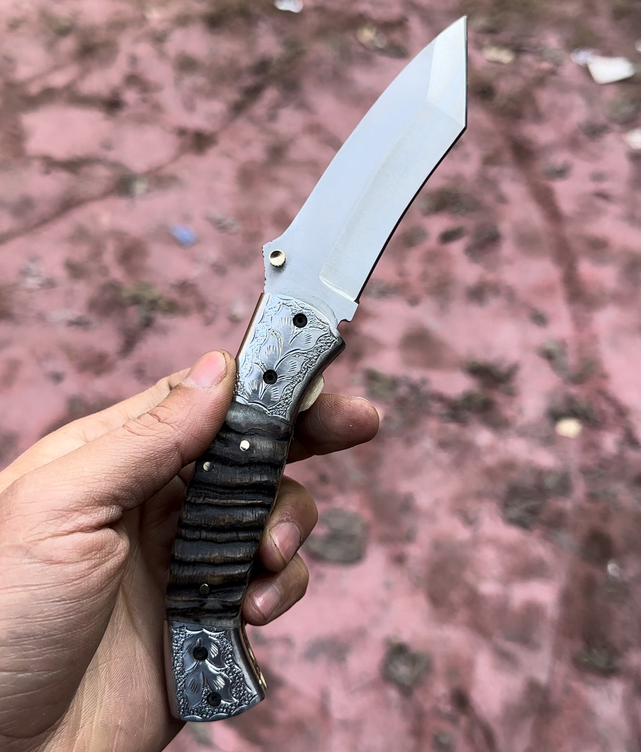 Handmade Folding Pocket Knife Steel Blade Ram Horn Handle With Leather Sheath
