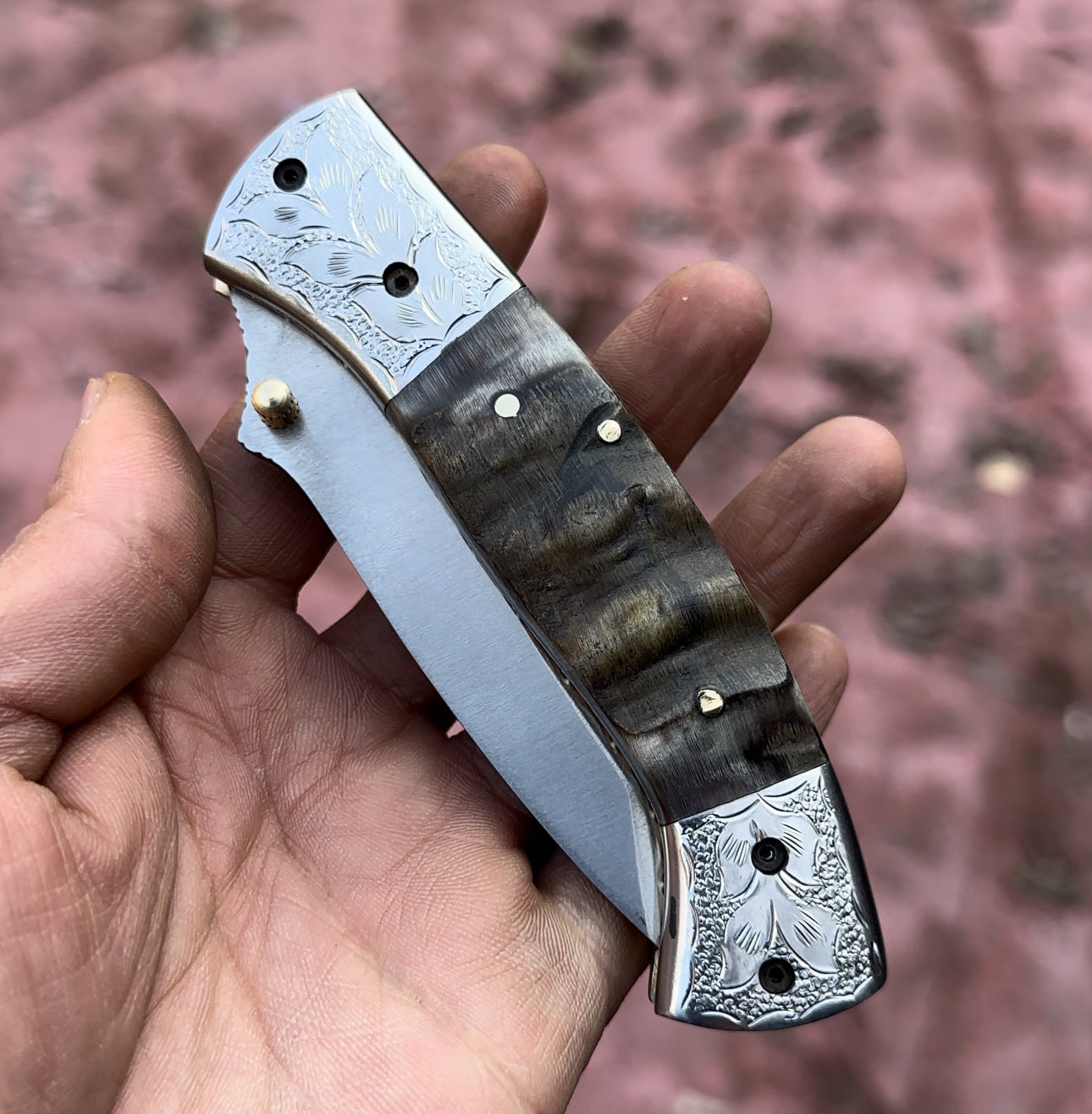 Handmade Folding Pocket Knife Steel Blade Ram Horn Handle With Leather Sheath