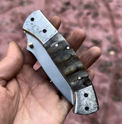 Handmade Folding Pocket Knife Steel Blade Ram Horn Handle With Leather Sheath