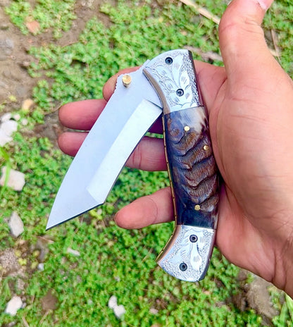 Handmade Folding Pocket Knife Steel Blade Ram Horn Handle With Leather Sheath