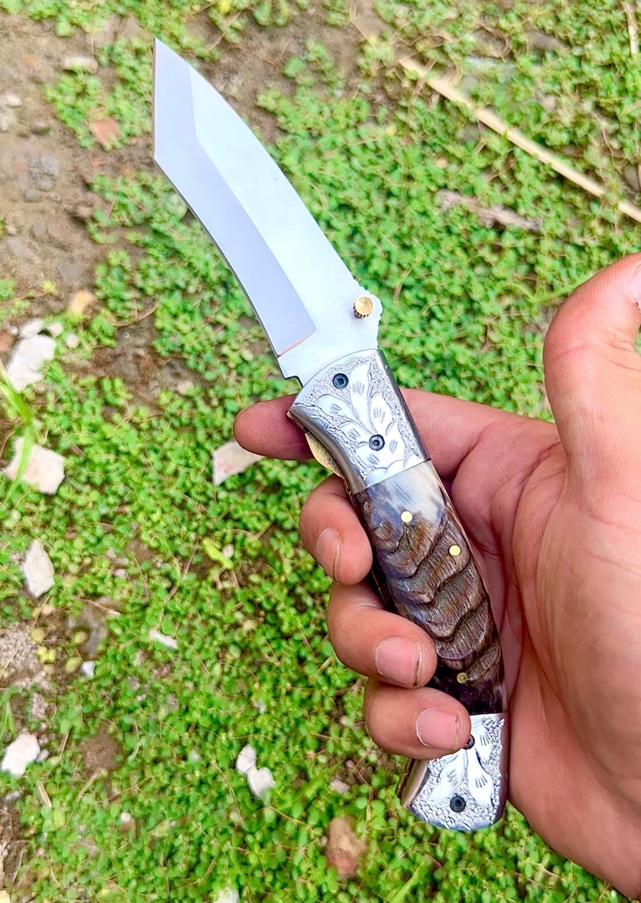 Handmade Folding Pocket Knife Steel Blade Ram Horn Handle With Leather Sheath