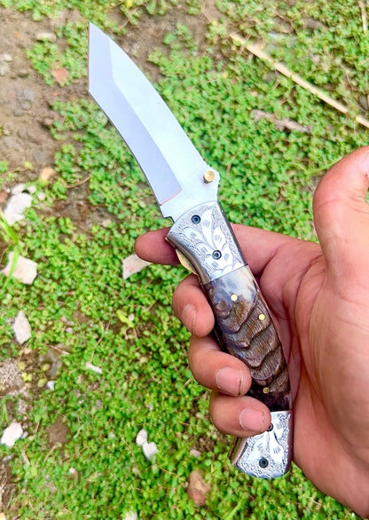 Handmade Folding Pocket Knife Steel Blade Ram Horn Handle With Leather Sheath