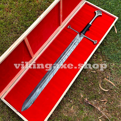 Handmade Sword King Aragorn Sword Damascus Steel Blade Sword With Leather Sheath And Wooden Box