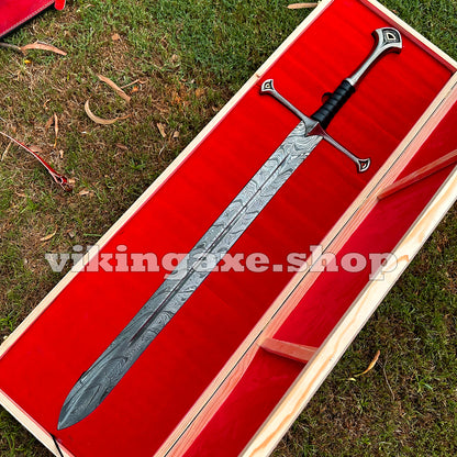 Handmade Sword King Aragorn Sword Damascus Steel Blade Sword With Leather Sheath And Wooden Box