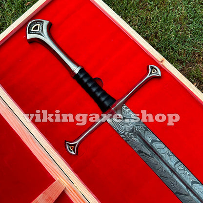 Handmade Sword King Aragorn Sword Damascus Steel Blade Sword With Leather Sheath And Wooden Box