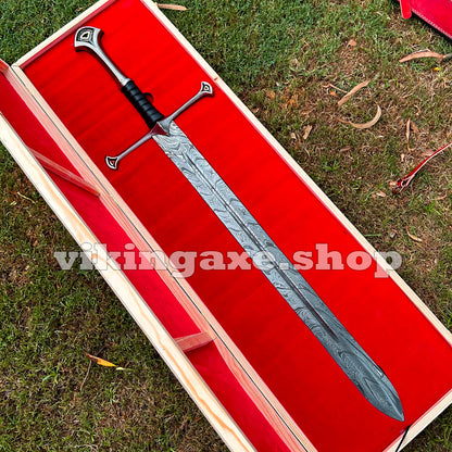 Handmade Sword King Aragorn Sword Damascus Steel Blade Sword With Leather Sheath And Wooden Box