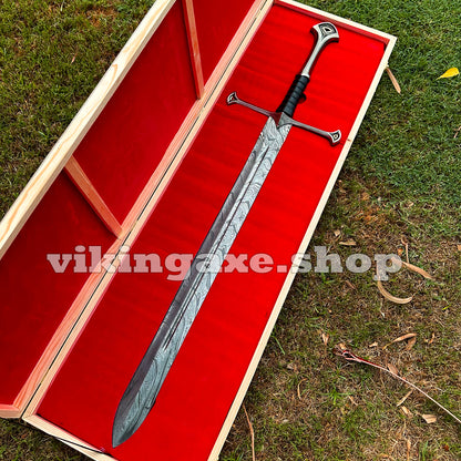 Handmade Sword King Aragorn Sword Damascus Steel Blade Sword With Leather Sheath And Wooden Box