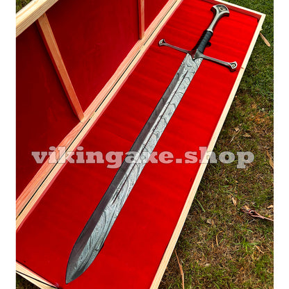 Handmade Sword King Aragorn Sword Damascus Steel Blade Sword With Leather Sheath And Wooden Box