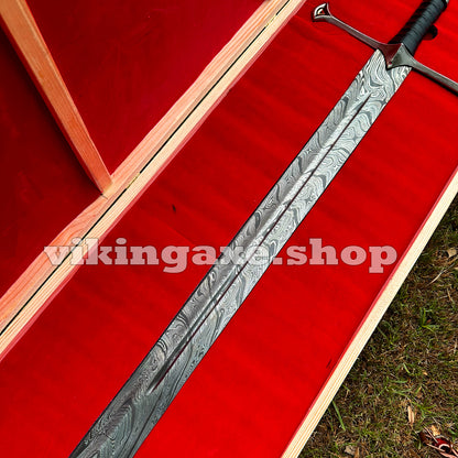 Handmade Sword King Aragorn Sword Damascus Steel Blade Sword With Leather Sheath And Wooden Box