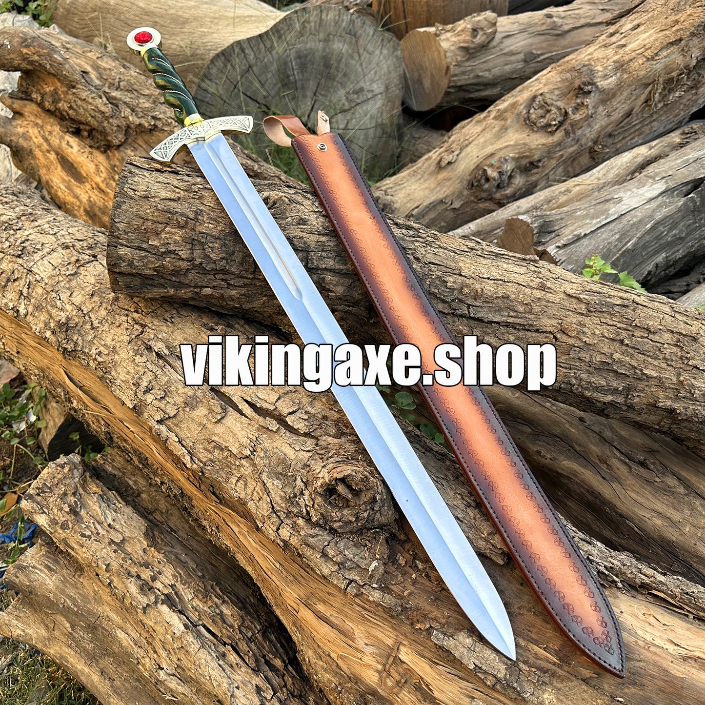 Goldryn Style Replica Sword High Carbone Steel Blade Brass Guard And Red Gemstone Pommel With Leather Sheath