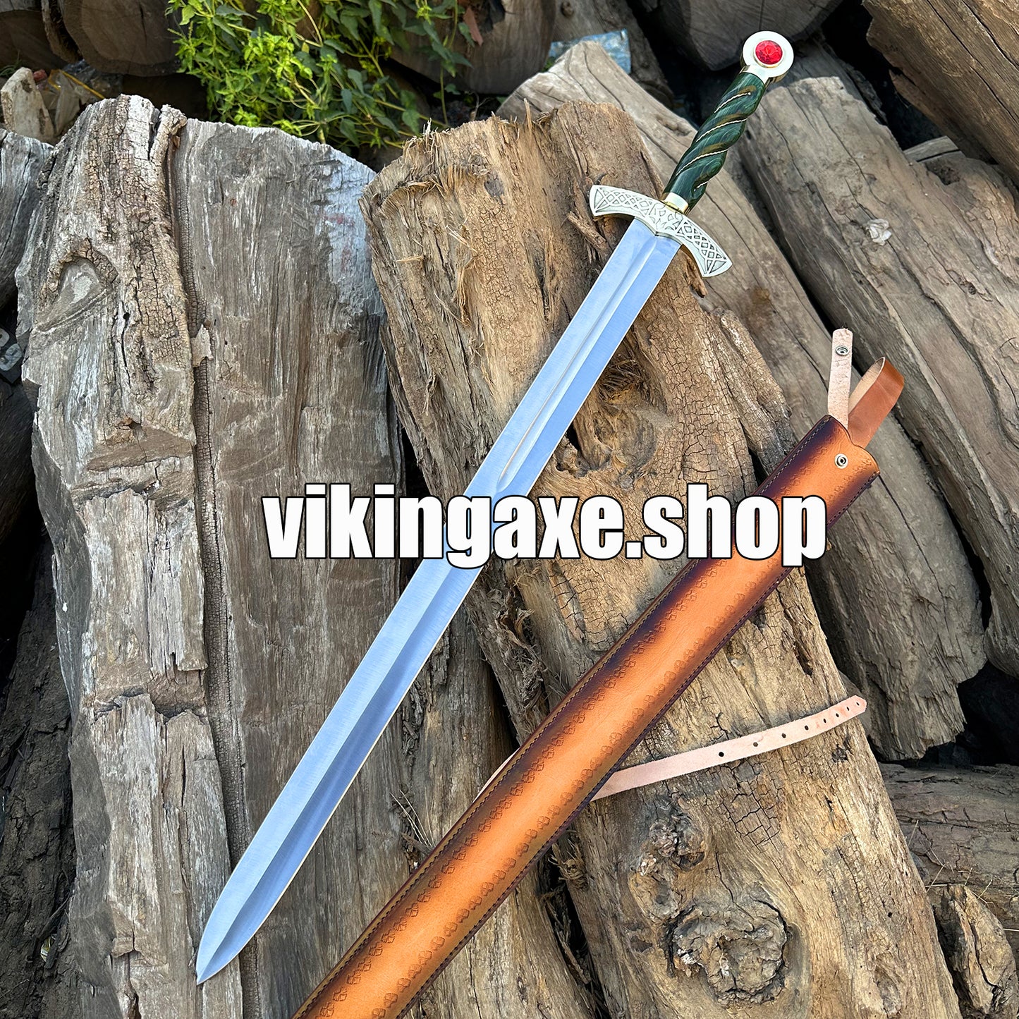 Goldryn Style Replica Sword High Carbone Steel Blade Brass Guard And Red Gemstone Pommel With Leather Sheath