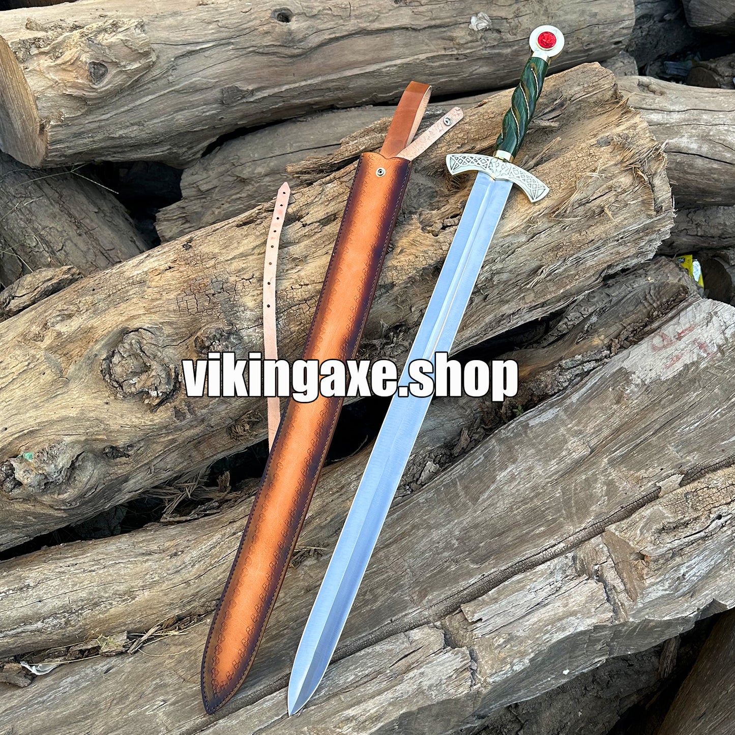 Goldryn Style Replica Sword High Carbone Steel Blade Brass Guard And Red Gemstone Pommel With Leather Sheath