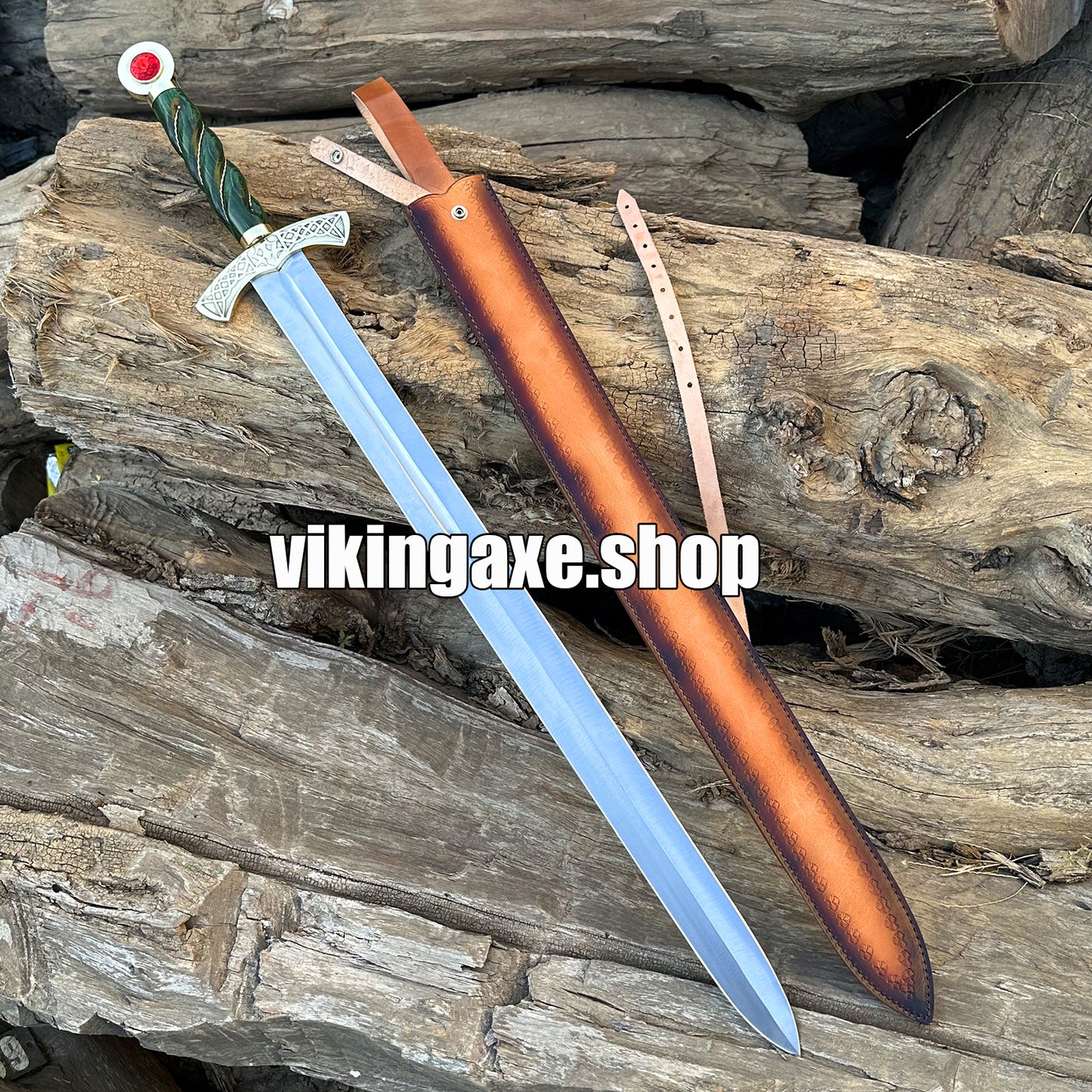 Goldryn Style Replica Sword High Carbone Steel Blade Brass Guard And Red Gemstone Pommel With Leather Sheath