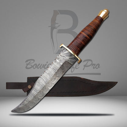 Bowie Knife Pro Damascus Knife Leather Handle Brass Guard And Pommel With Knife Sheath VK-209