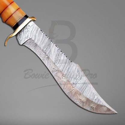 Damascus Knife Bowie Knife Brass Guard And Pommel Color Bone Handle With Knife Sheath VK-207