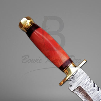 Damascus Knife Hunting Bowie Knife Pro Bone Handle Brass Guard And Pommel With Knife Sheath VK-206